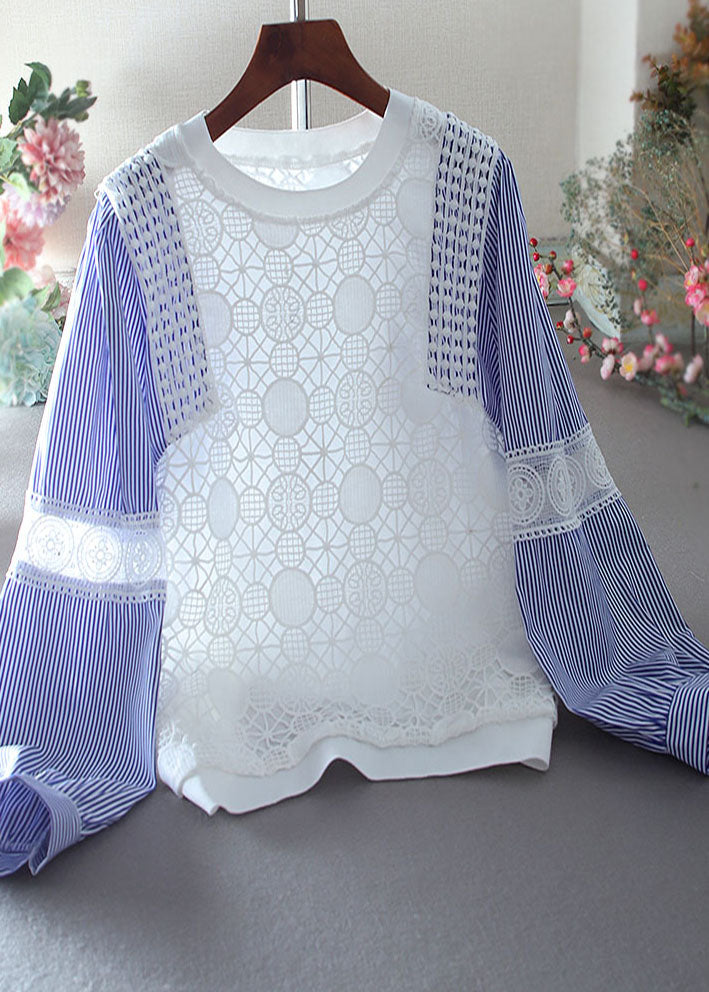 Organic Blue Striped Oversized Patchwork Lace Top Spring