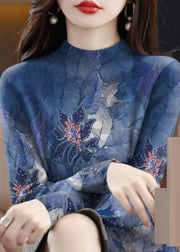 Organic Blue Turtleneck Print Warm Top Spring