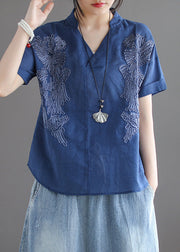 Organic Blue V Neck Embroideried Low High Design Solid Shirts Summer