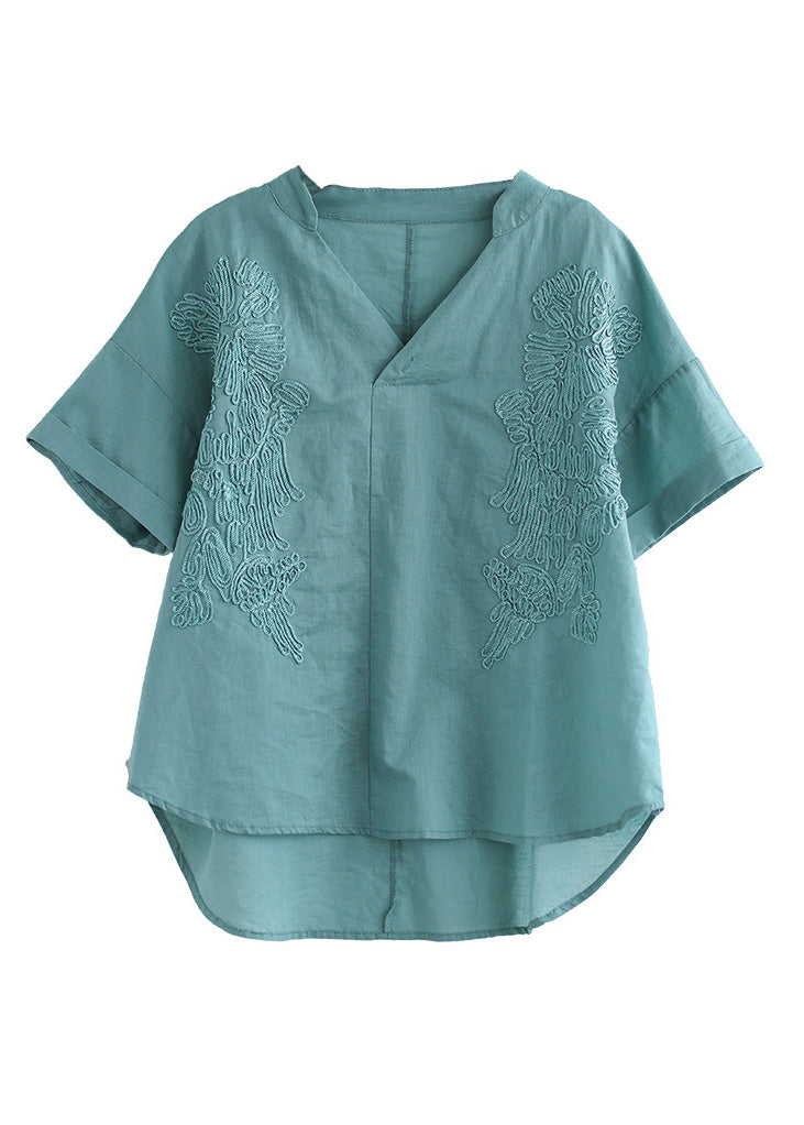 Organic Blue V Neck Embroideried Low High Design Solid Shirts Summer