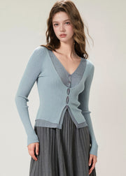 Organic Blue V Neck False Two Pieces Patchwork Knit Tops Fall