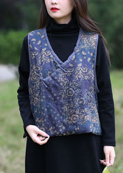 Organic Blue V Neck Oriental Button Print Fine Cotton Filled Vest Winter