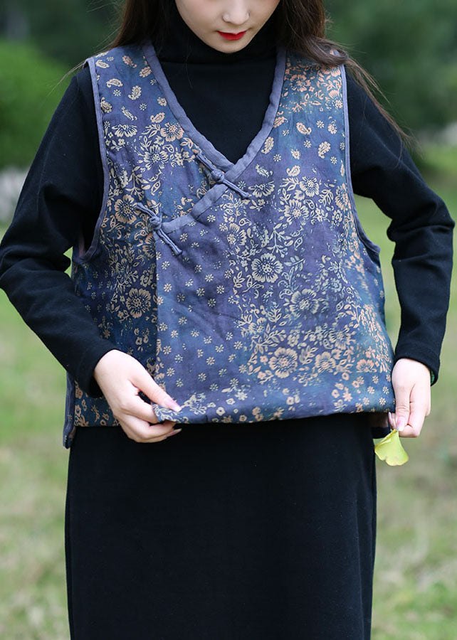 Organic Blue V Neck Oriental Button Print Fine Cotton Filled Vest Winter