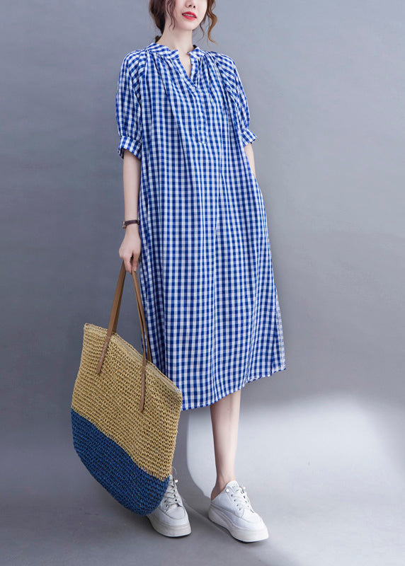 Organic Blue V Neck Plaid Cotton Long Dress Summer