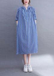 Organic Blue V Neck Plaid Cotton Long Dress Summer