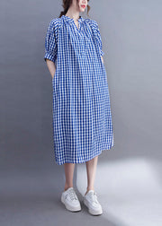 Organic Blue V Neck Plaid Cotton Long Dress Summer