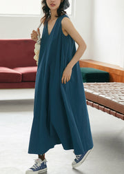 Organic Blue V Neck Pockets Cotton Maxi Summer Dress