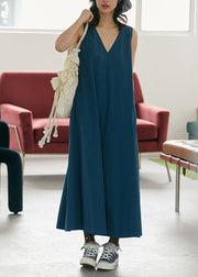 Organic Blue V Neck Pockets Cotton Maxi Summer Dress