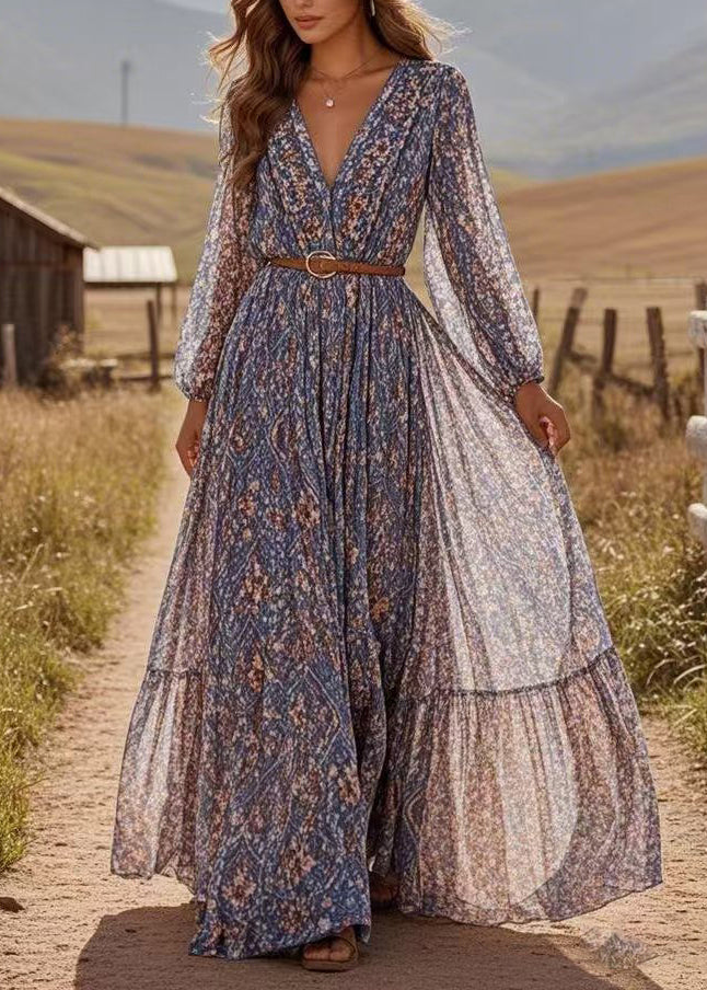 Organic Blue V Neck Tunic Chiffon Long Dresses Lantern Sleeve