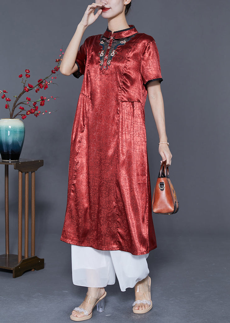 Organic Brick Red Mandarin Collar Embroidered Silk Vacation Dresses Summer