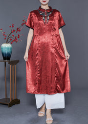 Organic Brick Red Mandarin Collar Embroidered Silk Vacation Dresses Summer