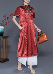 Organic Brick Red Mandarin Collar Embroideried Silk Vacation Dresses Summer