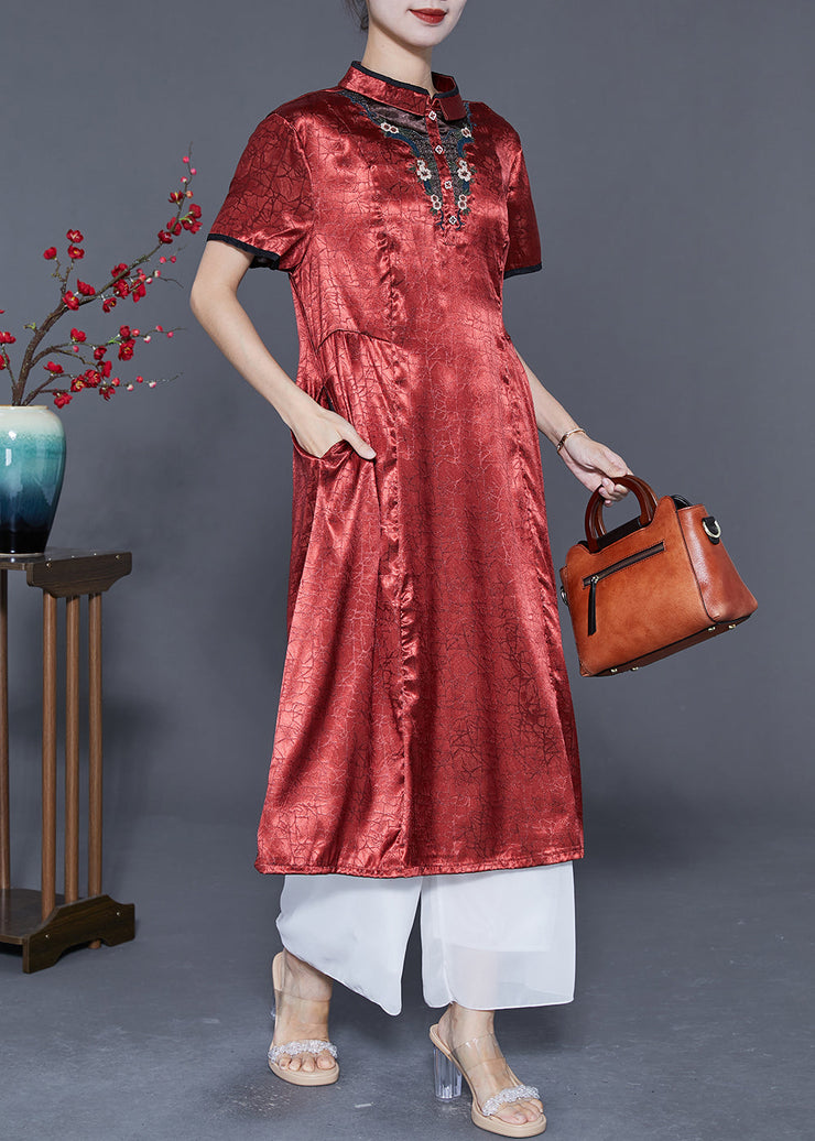 Organic Brick Red Mandarin Collar Embroidered Silk Vacation Dresses Summer