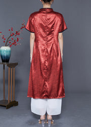 Organic Brick Red Mandarin Collar Embroidered Silk Vacation Dresses Summer