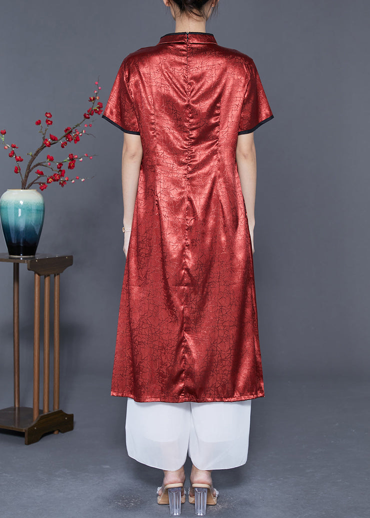 Organic Brick Red Mandarin Collar Embroidered Silk Vacation Dresses Summer