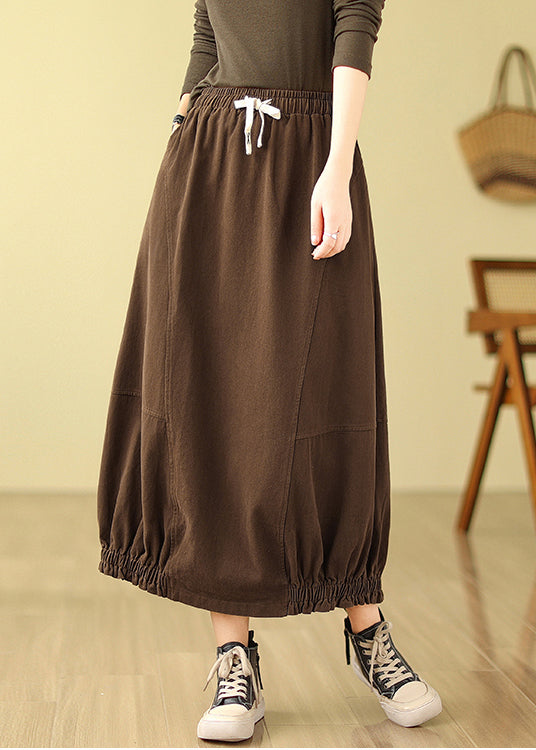 Organic Brown Elastic Waist Patchwork Wrinkled Cotton Skirts Spring