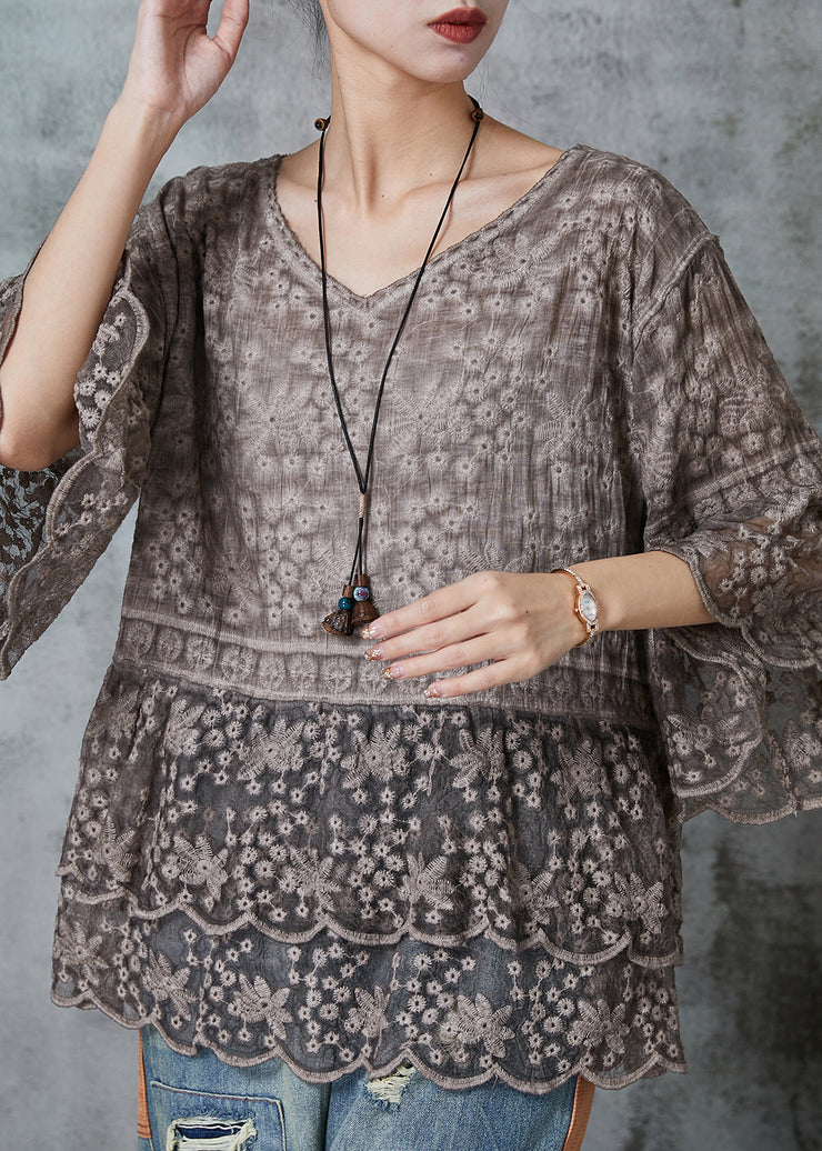 Organic Brown Embroidered Lace Blouses Flare Sleeve