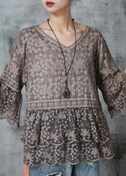 Organic Brown Embroidered Lace Blouses Flare Sleeve