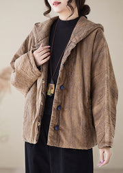 Organic Brown Hooded Pockets Fine Cotton Filled Coats Spring