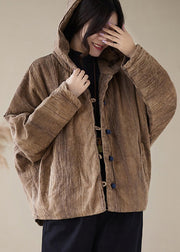 Organic Brown Hooded Pockets Fine Cotton Filled Coats Spring