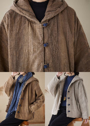 Organic Brown Hooded Pockets Fine Cotton Filled Coats Spring