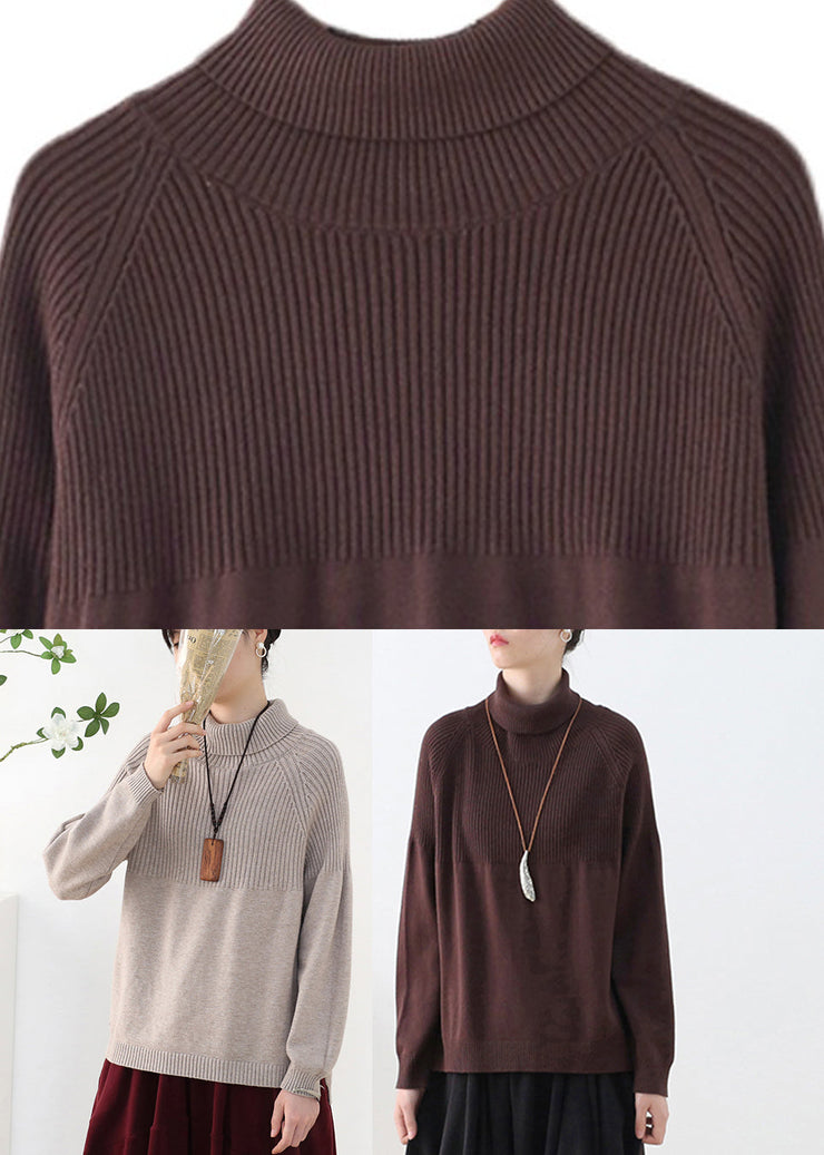 Organic Chocolate Colour Turtleneck Thick Knit Sweaters Long Sleeve