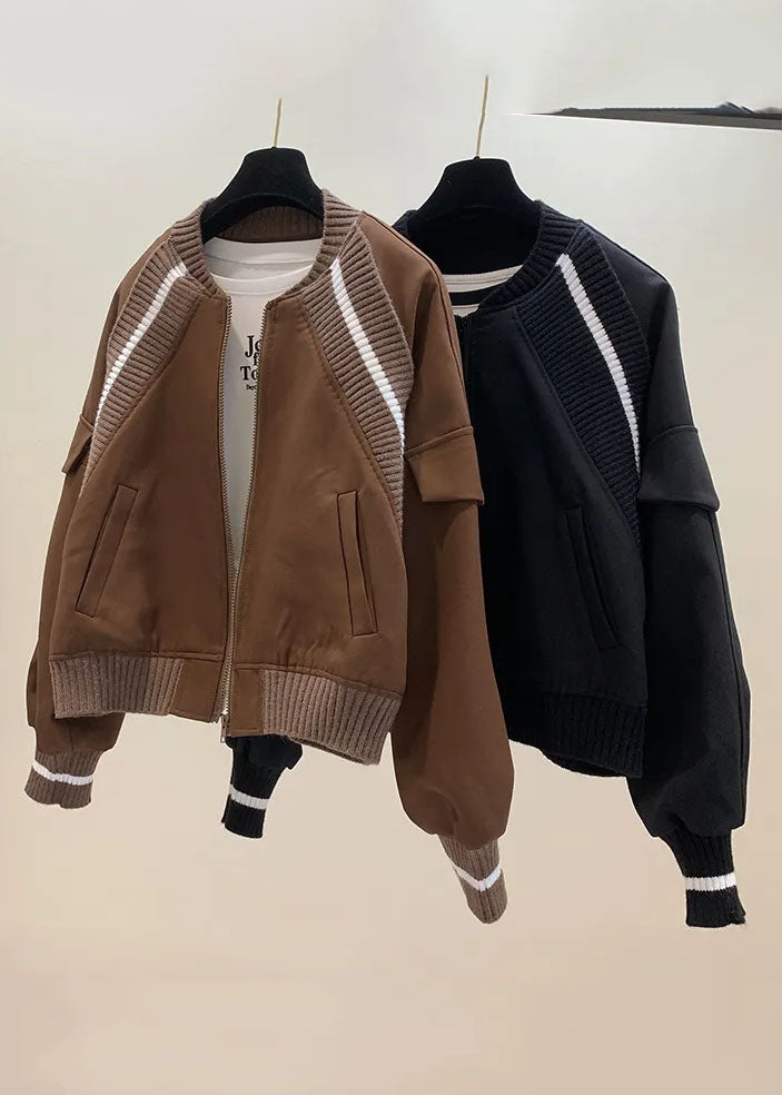 Organic Coffee Knit Patchwork Zippered Jackets Fall