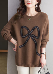 Organic Coffee O Neck Patchwork Woolen Knit Sweaters Winter