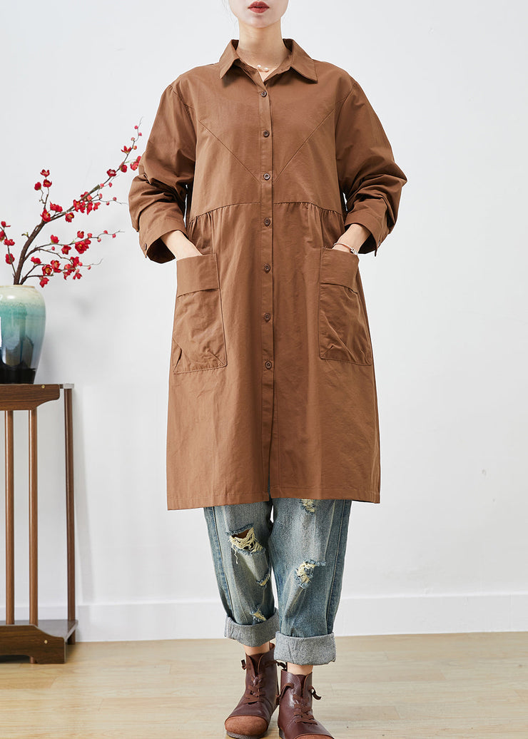 Organic Coffee Oversized Patchwork Pockets Cotton Trench Coats Fall