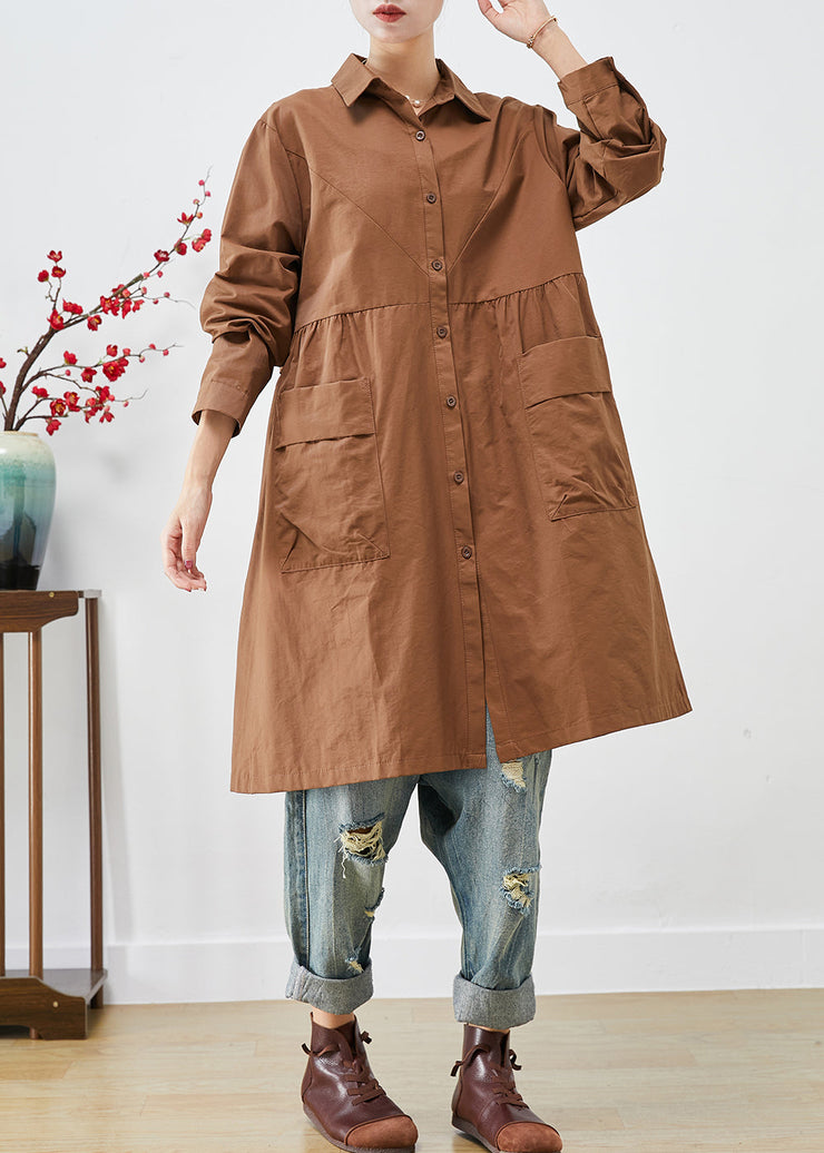 Organic Coffee Oversized Patchwork Pockets Cotton Trench Coats Fall