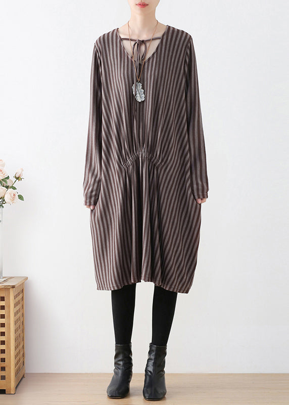 Organic Chocolate V Neck Striped Knitted Cotton Thread Maxi Dress Fall