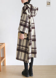 Organic Chocolate White Colour Plaid Pockets Cotton Maxi Hooded Dresses Long Sleeve