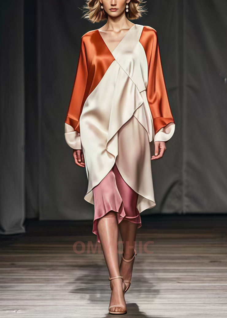 Organic Colorblock Asymmetrical Patchwork Silk Holiday Dress Spring