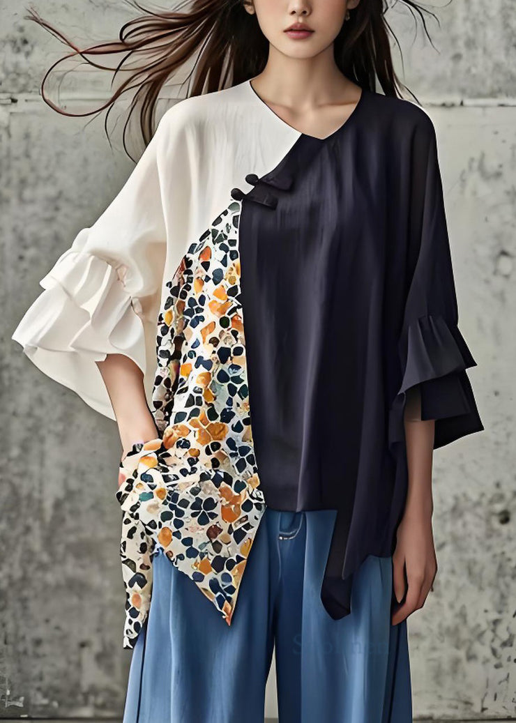 Organic Colorblock Asymmetrical Print Patchwork Cotton Top Summer