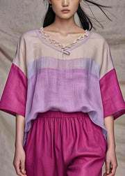 Organic Colorblock O Neck Patchwork Loose Cotton Top Summer