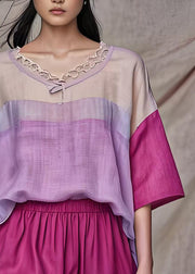 Organic Colorblock O Neck Patchwork Loose Cotton Top Summer