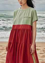 Organic Colorblock O Neck Wrinkled Patchwork Cotton Dresses Summer