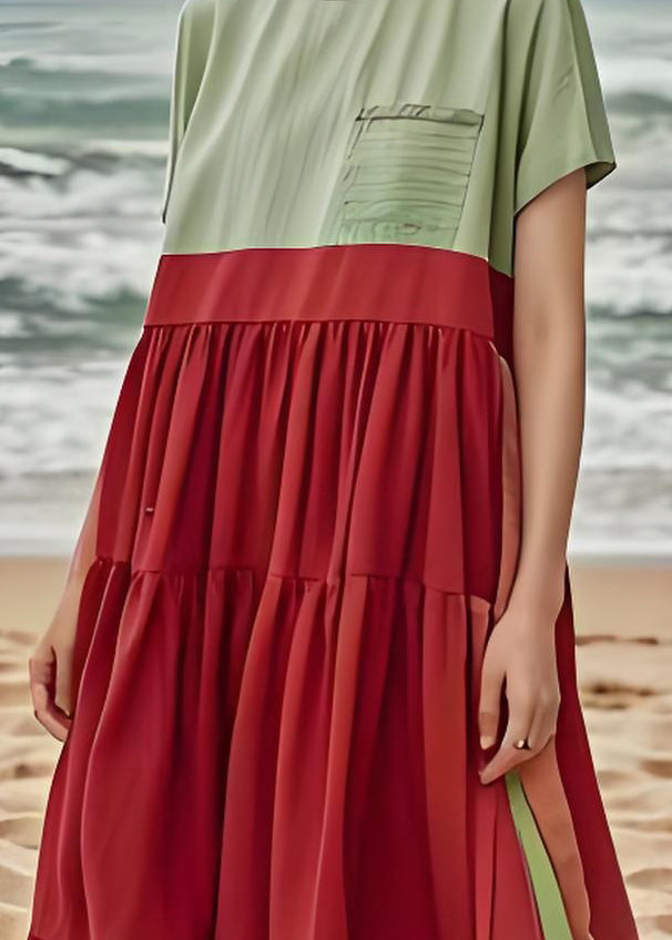 Organic Colorblock O Neck Wrinkled Patchwork Cotton Dresses Summer
