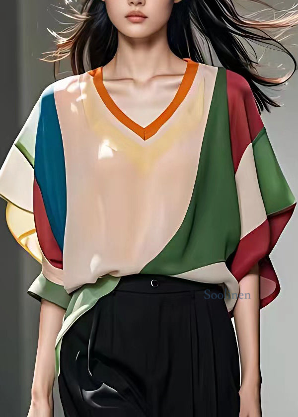 Organic Colorblock Patchwork Chiffon Top Bracelet Sleeve