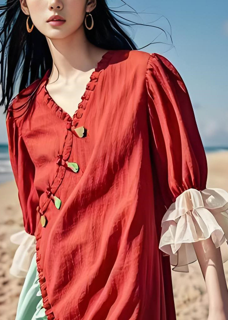 Organic Colorblock Ruffled Patchwork Cotton Dresses Summer
