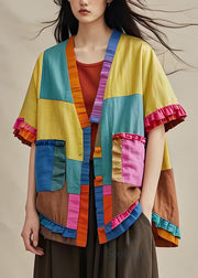 Organic Colorblock Ruffled Pockets Patchwork Cotton Cardigans Coat Summer