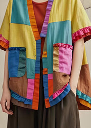 Organic Colorblock Ruffled Pockets Patchwork Cotton Cardigans Coat Summer