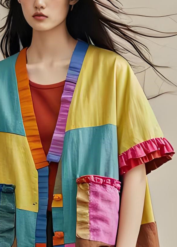 Organic Colorblock Ruffled Pockets Patchwork Cotton Cardigans Coat Summer