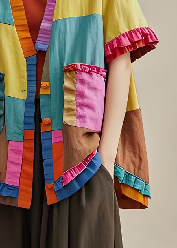 Organic Colorblock Ruffled Pockets Patchwork Cotton Cardigans Coat Summer