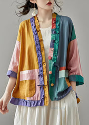 Organic Colorblock Ruffled Pockets Patchwork Cotton Cardigans Summer