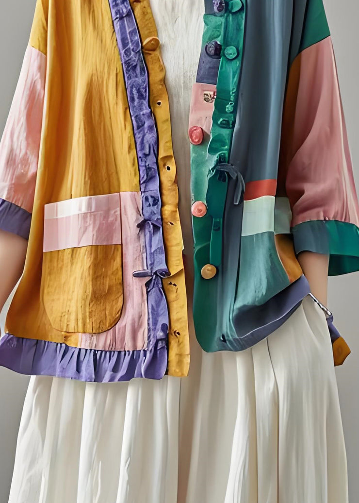Organic Colorblock Ruffled Pockets Patchwork Cotton Cardigans Summer