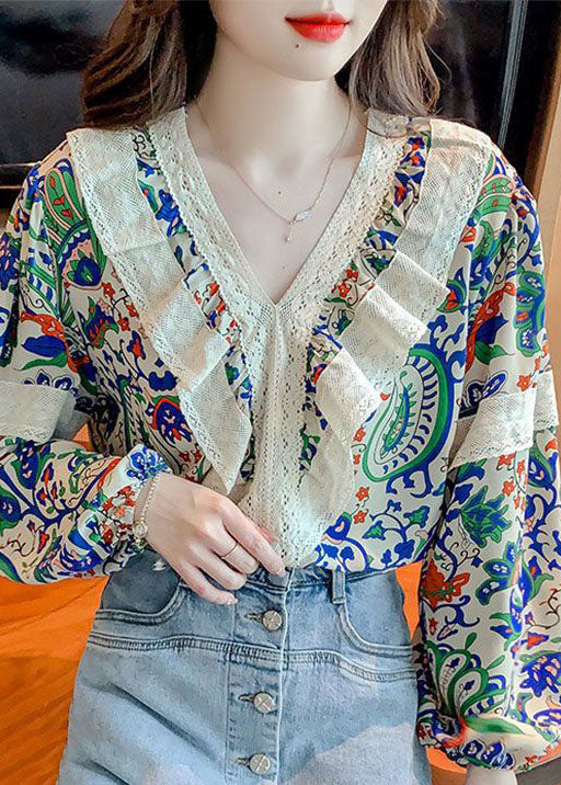 Organic Colorblock V Neck Lace Patchwork Print Chiffon Top Summer