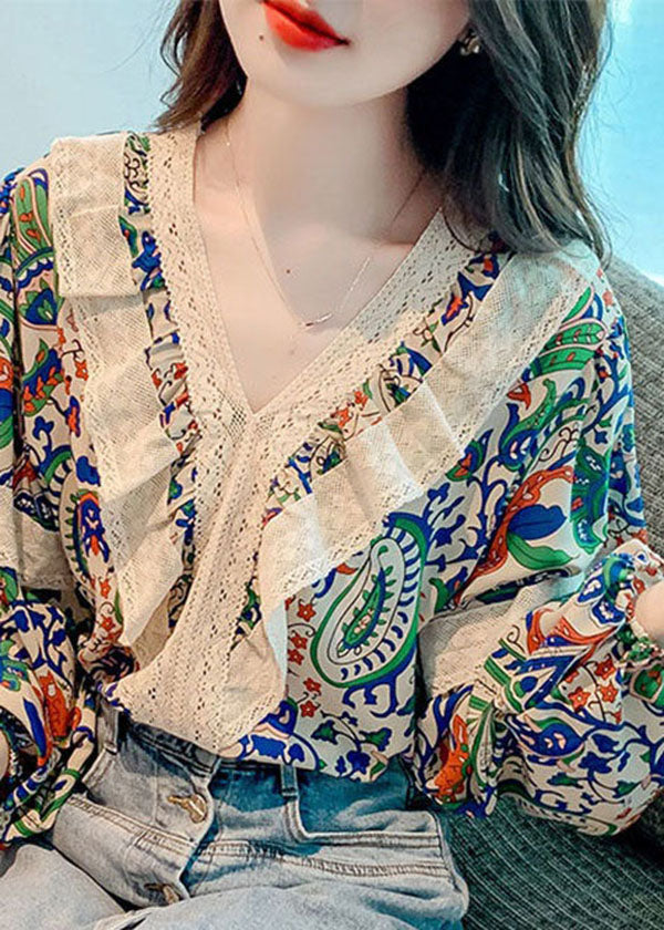 Organic Colorblock V Neck Lace Patchwork Print Chiffon Top Summer