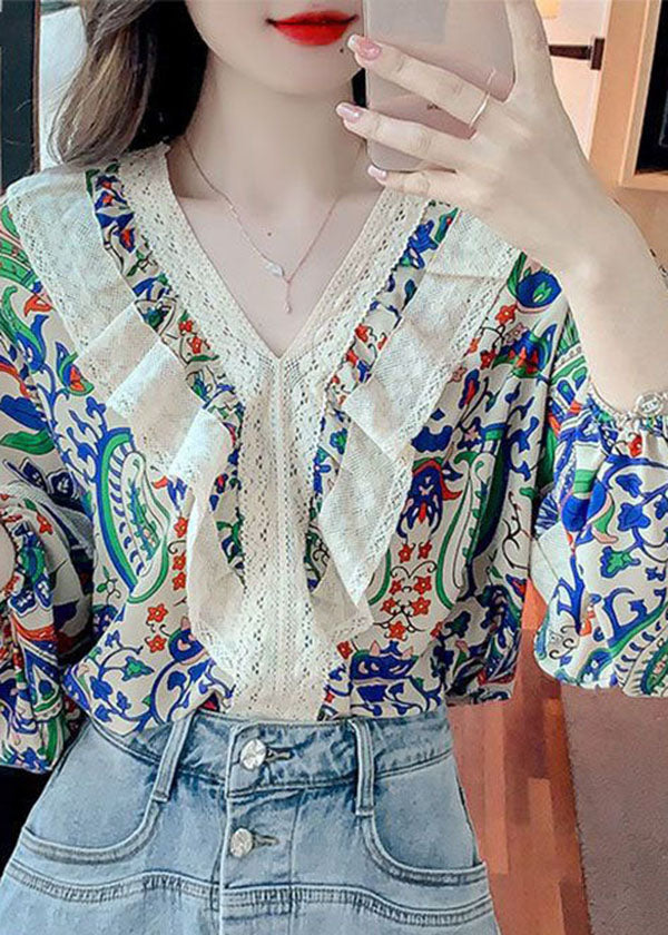 Organic Colorblock V Neck Lace Patchwork Print Chiffon Top Summer