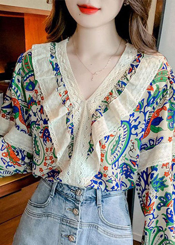 Organic Colorblock V Neck Lace Patchwork Print Chiffon Top Summer